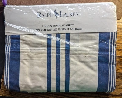Raro Nuevo en Paquete De Colección Ralph Lauren Queen Sábana Plana LONA RAYAS AZUL 1994 Hecho en EE. UU. Foto 1 de 4