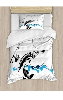 Ambesonne Big Pike Twin Duvet Cover Set with sham Blue White Fishing  - Image 1 of 3