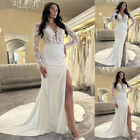 Long Sleeves Wedding Dresses With Slit Mermaid Satin Lace Appliques Bridal Gowns