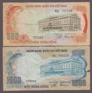 Billetes de 500 y 1000 Dong de Vietnam del Sur P-33,34 ND 1972 - Imagen 1 de 2