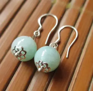 S925 Orecchini Pendenti Argento 8 mm Luce Verde Pallido Filigrana Fiore di Giada - Foto 1 di 2