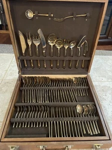 Beautiful Vintage Thai Brass Flatware & Teak 144 Piece / Set For 12 / Full Case - Picture 1 of 9