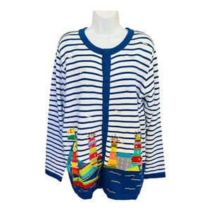 QUACKER FACTORY Sweater Lighthouse Seagull Sailboat Waterfront Cardigan S Medium - Picture 1 of 7