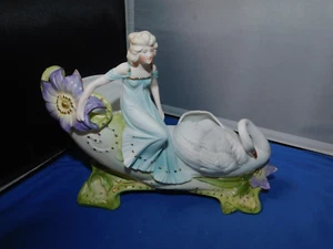 VINTAGE WOMAN & SWAN BISQUE WHITE PLANTER (GERMAN?) - Picture 1 of 9