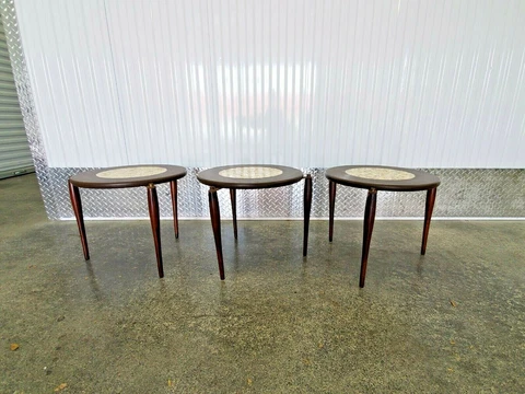 THREE MID CENTURY ROUND NESTING TABLES MOTHER OF PEARL CENTERS W SPIDER LEGS Cover