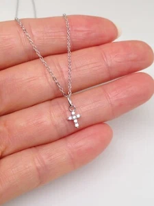 Dainty Cz Cross Necklace 925 Sterling Silver Mini Cross Pendant Womens 5.5mm 18" - Picture 1 of 13