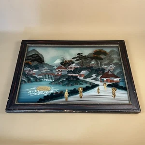 Antique Japanese Reverse Glass Painting Oriental Asian Wall Art Wooden Frame - Picture 1 of 20