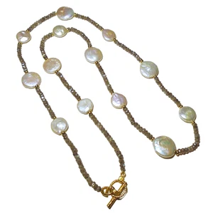 COLLAR Hecho a Mano JOYAS JADEADAS NYC Chapado en Oro 22k PERLA KESHI/Labradorita 36" - Imagen 1 de 4