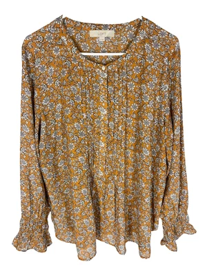 Blusa ANN TAYLOR LOFT Talla XL Naranja Floral Plisada Boho Ditzy Primavera Verano Foto 1 de 4