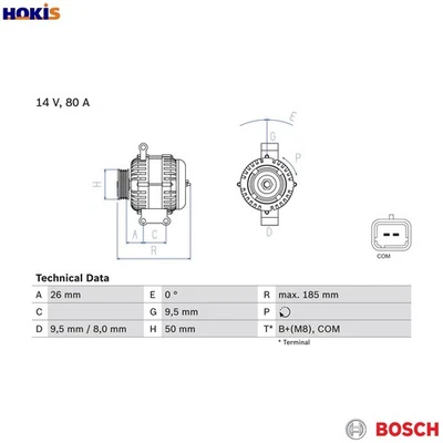 ALTERNATOR 0 986 082 880 FOR PEUGEOT PARTNER/TEPEE/Box/Body/MPV 2008/I/SUV  DS - Image 1 of 4