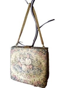 VTG 1920s 30s? French Tapestry EVENING BAG Purse Victorian Scene Brass trim - Picture 1 of 10