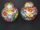 Chinese Ginger Jars & Lid Ceramic PAIR Cantonese Oriental Floral Hand Painted