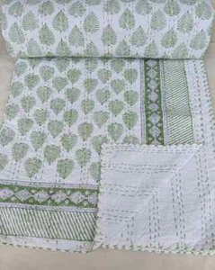 King Size Green Kantha Quilt Hand Block Indian Handmade Blanket Bedspread Throw - Picture 1 of 5