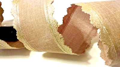 Christmas 2.5" by 2 ydNatural Wired Ribbon Metallic Champagne Gold Scallop edge - Image 1 of 4