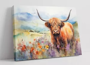 WATERCOLOUR HIGHLAND COW & WILDFLOWERS 2 -DEEP FRAMED CANVAS WALL ART PRINT - Picture 1 of 3
