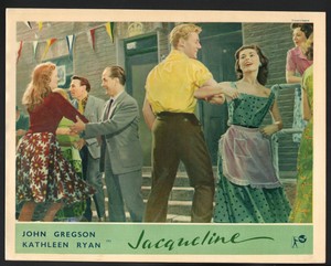 Jacqueline Lobby Card-John Gregson and Kathleen Ryan dancing in the street.