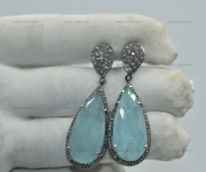 Pendientes de boda colgantes/gotas de calcedonia pera natural de plata de ley 925 - Imagen 1 de 10