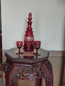 Czech Ruby Red Cut to Clear Glass Decanter and 2 Glasses - Picture 1 of 5