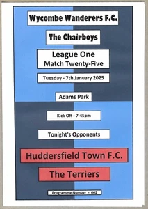 WYCOMBE WANDERERS v HUDDERSFIELD TOWN 07.01.25 LEAGUE ONE MATCH PROGRAMME - Picture 1 of 3