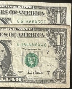 (2 BINARY REPEATERS!) $1 Opposite Matching Fancy Serial Number 64666466/46444644 - Picture 1 of 7