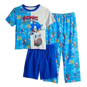 Boys Sonic the Hedgehog 3 Piece Pajamas T Shirt Shorts Pant Knuckles 4 5 6 7 8 - Picture 1 of 2