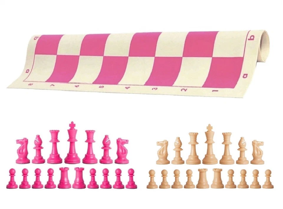 Piezas de ajedrez rosa y natural tablero de vinilo rosa de 20" - juego de ajedrez de un solo peso Foto 1 de 4