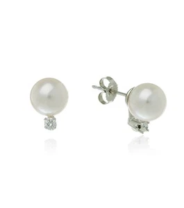 Nuevos pendientes de perla y diamante cultivados de oro blanco de 14 quilates de 6 mm - Imagen 1 de 1