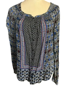 Tunica Lucky Brand Boho Festival Ikat contadina bottoni manica lunga fumè taglia M - Foto 1 di 8