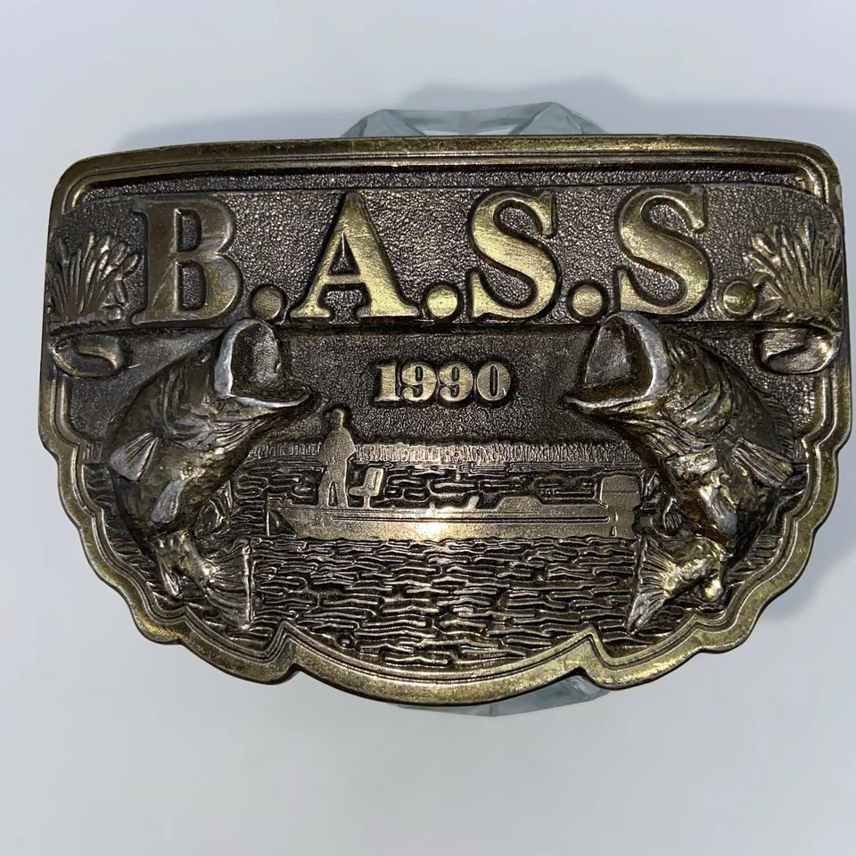 Vintage B.A.S.S. Bass Anglers Sportsman Society Fishing 1990 cinturón hebilla pez Foto 1 de 4