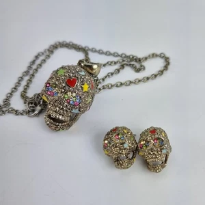 Juego de Collar y Pendientes Calavera - Esmalte Estrás Corazones Estrellas Gótico Punk - Imagen 1 de 7