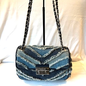 Michael Kors Sloan Denim Chevron Shoulder Bag Convertible Braided Chain Strap - Picture 1 of 22