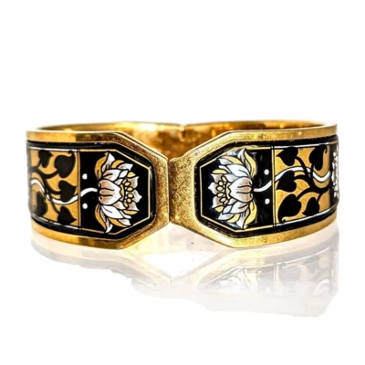 Michaela Frey Wien Bangle Enamel Bracelet Lotus 24K Gold Plate 3/4"x7" - Image 1 of 4
