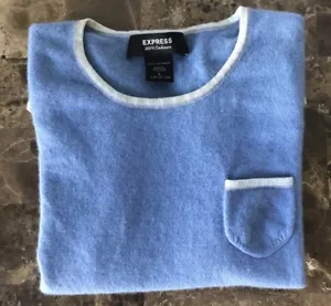 EXPRESS 100% Kaschmir Strick T-Shirt blau weiß Borte Kurzarm Pullover Gr. L - Bild 1 von 6