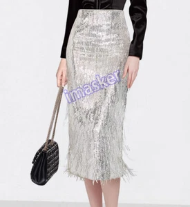 Fashionable Sequins Fringed Silver Hip-wrapped Temperament Skirt Women Party - Picture 1 of 26