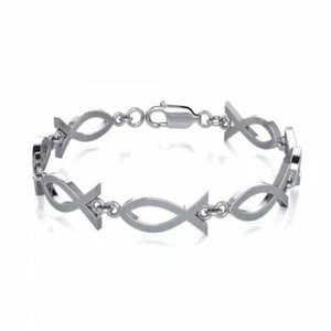 Christian Fish Ichthus 925 Sterling Silver Link Bracelet Religious Fine Jewelry - Picture 1 of 2