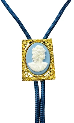 Декоративный женщин белый и синий камео - золотой цвет рамки - синий нейлоновый шнур  - Изображение 1 из 4
