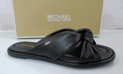 Michael Kors Elena Flat Slide Sandals Knotted Strap Leather Black Size 8.5 - Image 1 of 4