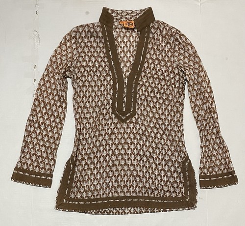 Tory Burch blusa donna marrone manica lunga cotone popover tunica copricostume taglia 6
