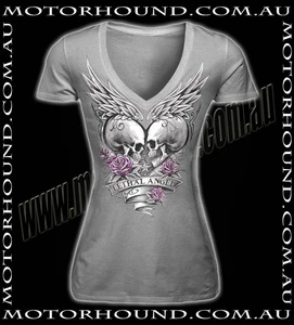 BN LETHAL ANGEL WINGS PURPLE ROSES GREY ETERNAL LOVE SKULLS T-SHIRT 8 10 14 16 - Bild 1 von 6