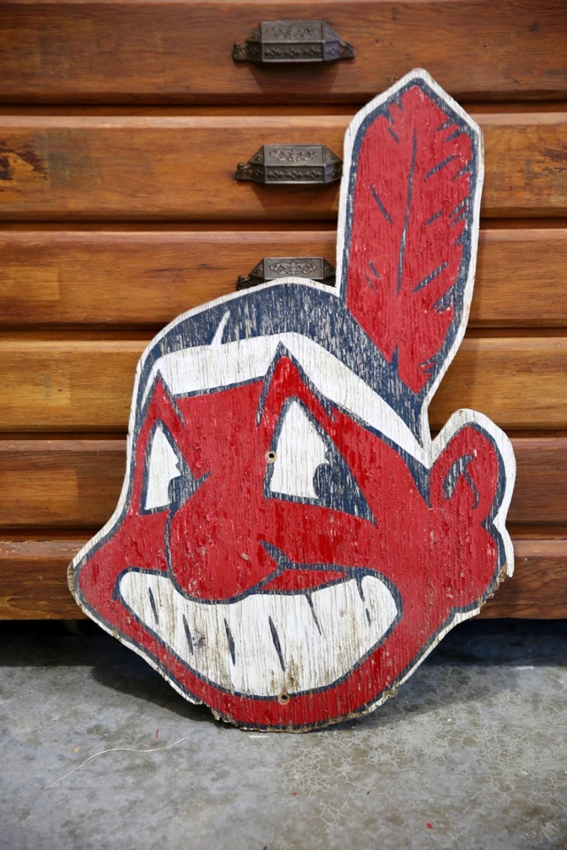 Vintage Cleveland Indians Chief Wahoo Logo Wood Sign Baseball sports Bar head - Image 1 of 4