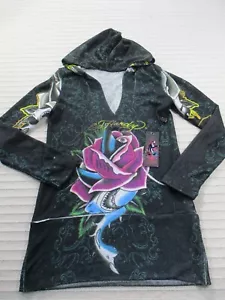 Y2K Ed Hardy Damenpullover mittelgrau tiefgrau Kapuzenpullover Blumenmuster neu - Bild 1 von 12