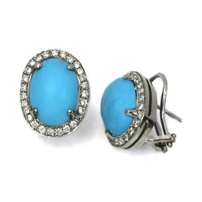 10.4 ctw Natural Blue Turquoise Diamond Solid 14k White Gold Oval Halo Earrings - Image 1 of 4