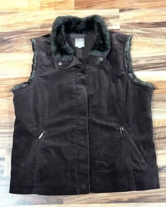 J. Jill Women's Sz L Faux Fur Lined Velour / Velvet Vest Snap Button Dark Brown - Picture 1 of 8