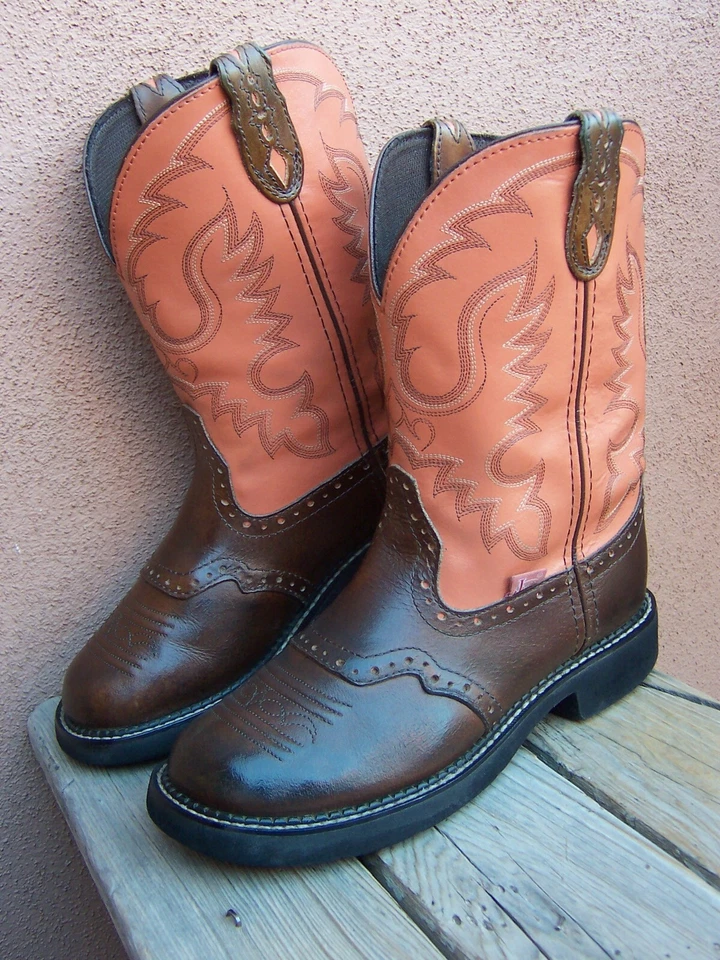 Botas vaqueras JUSTIN para mujer marrón naranja cuero silla vampiro talla 9B Foto 1 de 4