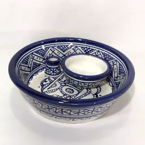 Decorative Moroccan Moorish Handcrafted Ceramic Dish Blue White Signed 5.75” - Picture 1 of 8