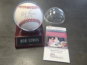 BOB LEMON HOF 76 INDIANS HOF SIGNED American League BASEBALL JSA w/ Ball Stand - Picture 1 of 7