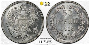 1916-S Finland 50 Pennia, PCGS MS-66+ - Picture 1 of 11