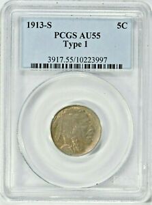 1913-S 5C Buffalo Nickel Type 1 PCGS AU55 (SI-NE3997) 99c NO RESERVE Witter Coin
