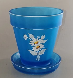 1950er BLAUER SATIN Glas GÄNSEBLÜMCHEN BLUMENTOPF und UNTERTELLER Westmoreland Glass Co. - Bild 1 von 6