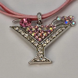 Cocktail Martini Pendant Pink & Clear AB Crystals Swarovski on Pink Cord 14-16" - Picture 1 of 18